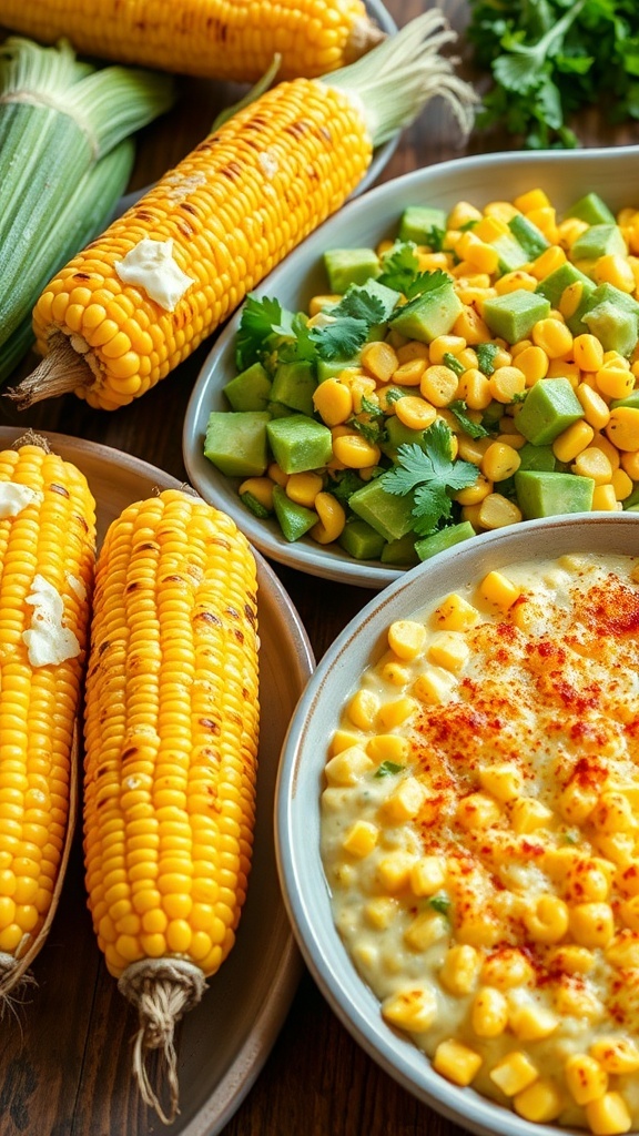 Delicious Corn Side Dishes A variety of corn side dishes including grilled corn, corn salad, and corn casserole on a wooden table.